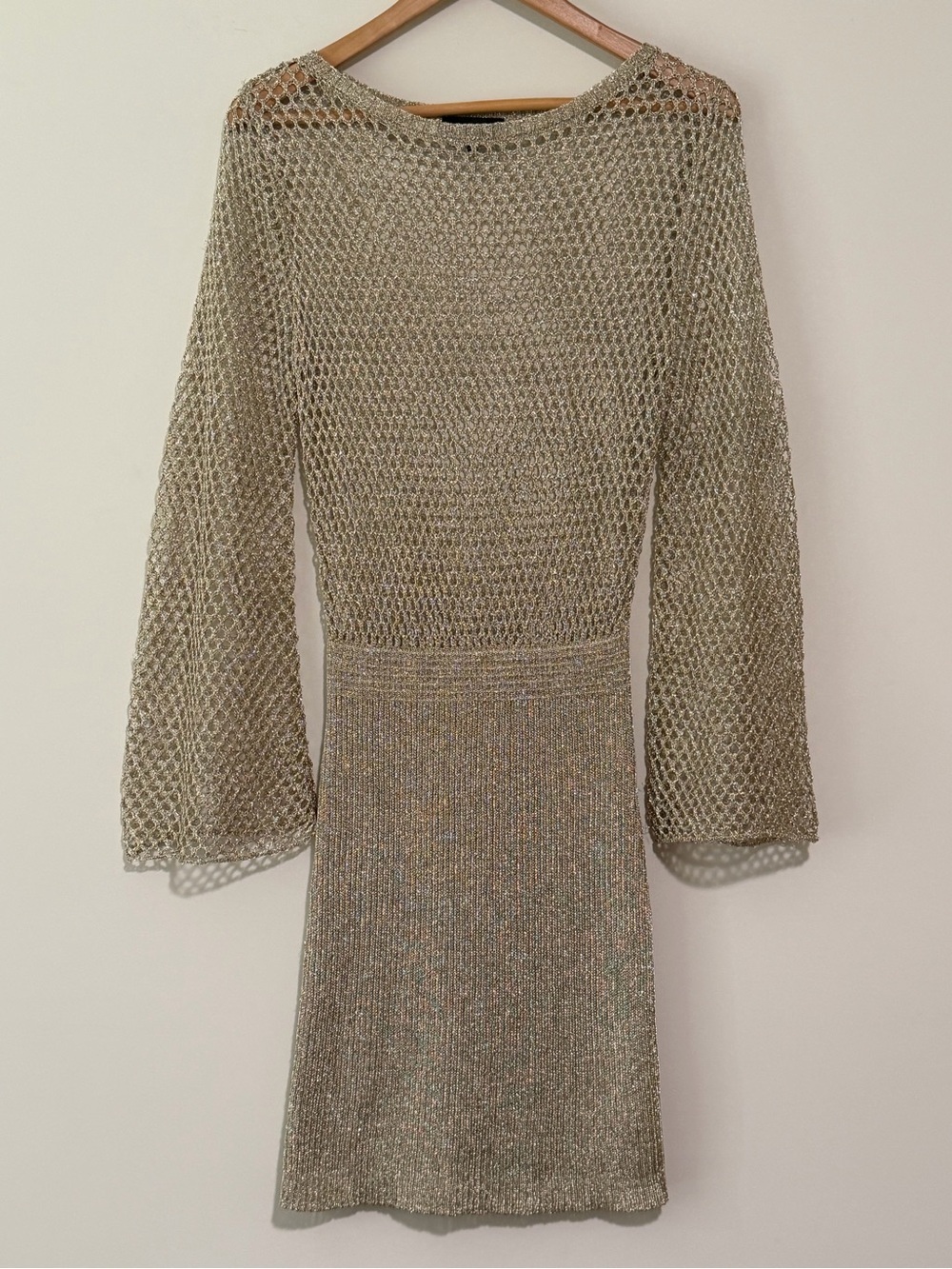 Melrose With Love Long-Sleeve Metallic Knit Mini Dress in Gold